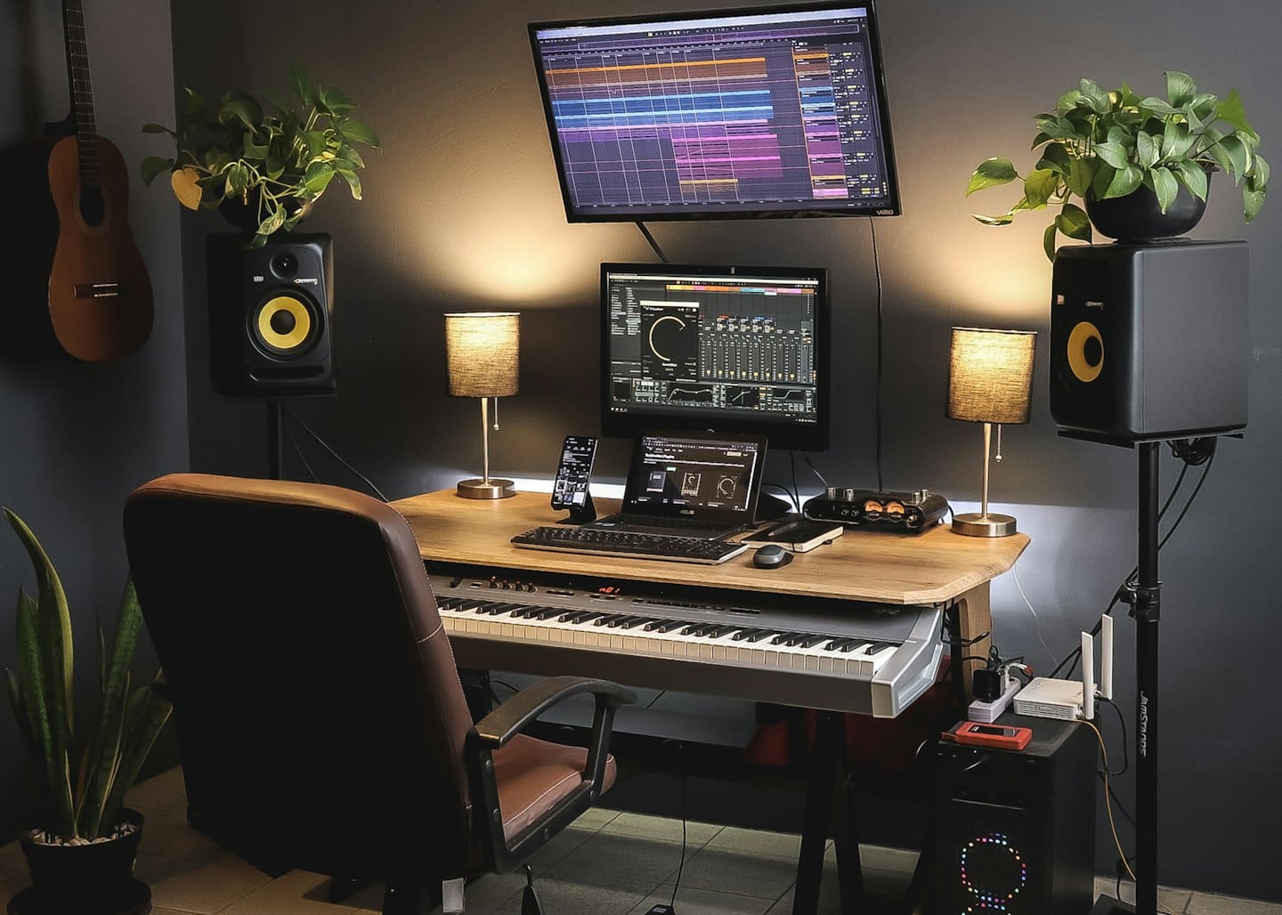Professionell musikstudio med datorskärmar, tangentbord och högtalare.
